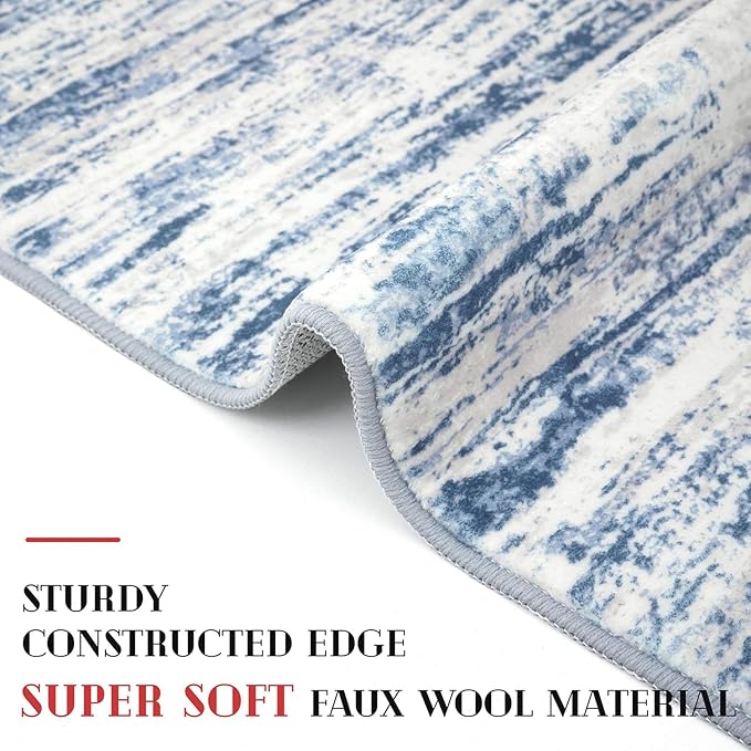 Modern Abstract Hallway Runner Rug, Blue White Washable Kitchen Runner Non-Slip Soft 2x8 Runner Rug Thin Print Faux Wool Carpet for Entryway Bedroom Laundry Room Indoor Home Decor