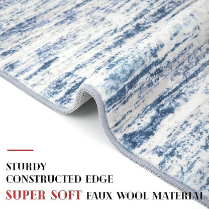 Modern Abstract Hallway Runner Rug, Blue White Washable Kitchen Runner Non-Slip Soft 2x8 Runner Rug Thin Print Faux Wool Carpet for Entryway Bedroom Laundry Room Indoor Home Decor
