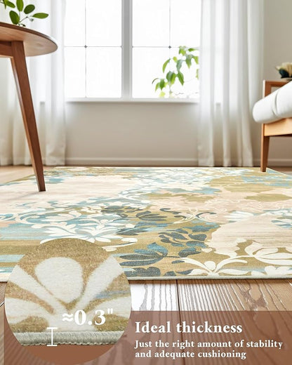 Washable Abstract Rug, 4x6 Willow Green and Blue Floral Area Rugs with Non-Slip Rubber Backed for Bedroom, Low Pile Modern Throw Carpet Kitchen Living Room Decor