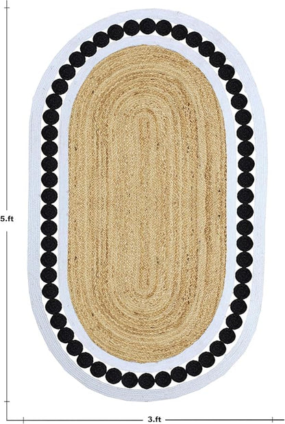 Flatweave Runner 3x12 Oval Kilim Jute Runner Hand Braided Jute Thick 0.27" Solid Pattern Black Beige Natural Oval Handmade Boho Indoor Outdoor Rugs for Hallway Enterway Stair Corridor
