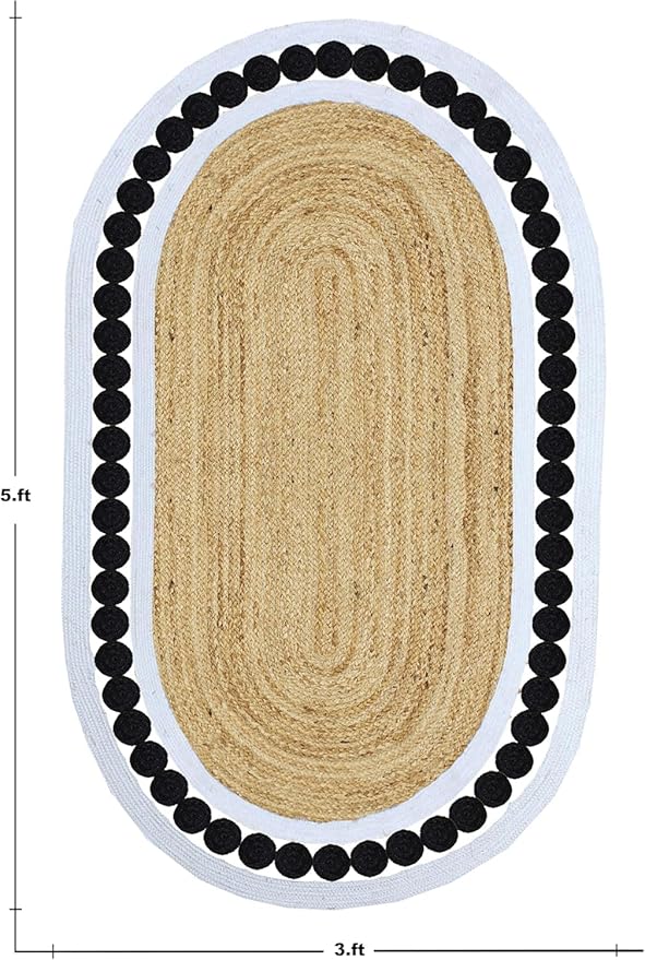 Flatweave Runner 2.6x18 Oval Kilim Jute Runner Hand Braided Jute Thick 0.27" Solid Pattern Black Beige Natural Oval Handmade Boho Indoor Outdoor Rugs for Hallway Enterway Corridor