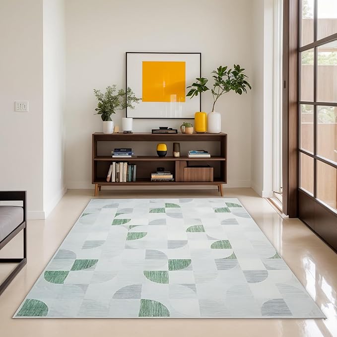 Green Modern Abstract Rug Washable, Boho 5x7 Area Rugs for Living Room Bedroom Low-Pile, Large Throw Floor Carpet Non Slip Ultra-Thin Soft Indoor Light Green