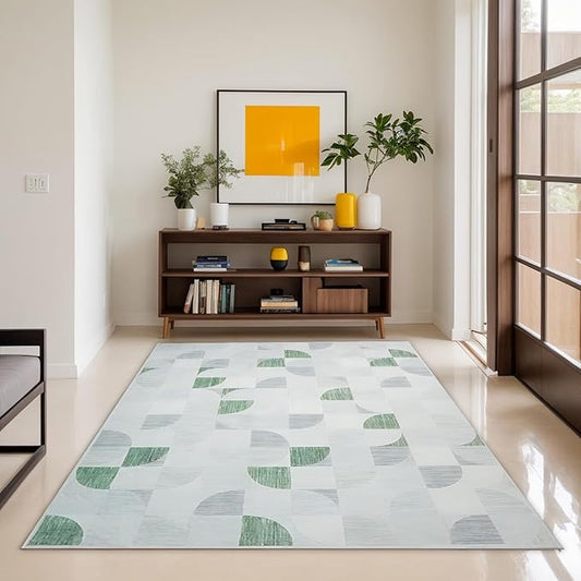 Green Modern Abstract Rug Washable, Boho 5x7 Area Rugs for Living Room Bedroom Low-Pile, Large Throw Floor Carpet Non Slip Ultra-Thin Soft Indoor Light Green