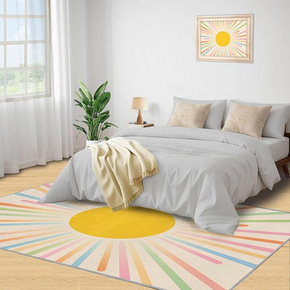 Boho Sun Runner Rugs 2x4ft, Minimalist Sunburst Small Entryway Mats, Abstraction Deco Laundry Room Rug Non Slip Durable Throw Rugs for Front Door Bedroom Bedside