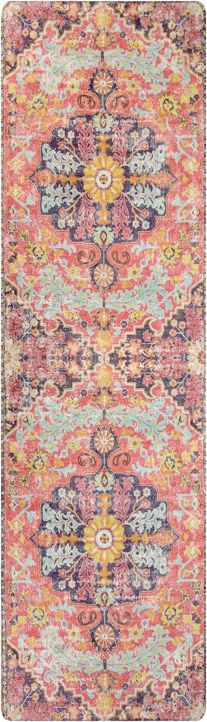 Lahome Bohemian Washable Runner Rugs with Rubber Backing, 2x7 Runners for Hallways, Vintage Floral Soft Non Slip Non-Shedding Faux Wool Stair Carpet Runner for Bathroom Kitchen Laundry, Fuchsia/Multi