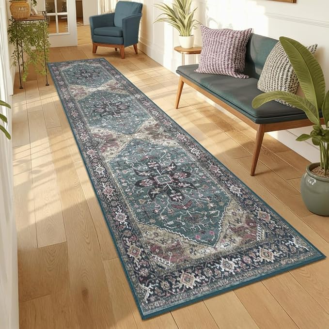 Enkor Runner Rugs for Hallway, 2x8 Washable Soft Boho Non Slip Floor Rugs for Kitchen, Modern Mat for Living Room Bedroom Entryway Purple & Green