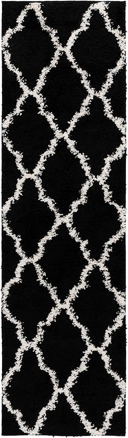 SAFAVIEH Dallas Shag Collection Runner Rug - 2'3" x 8', Black & Ivory, Trellis Design, Non-Shedding & Easy Care, 1.5-inch Thick Ideal for High Traffic Areas in Living Room, Bedroom (SGD257Z)