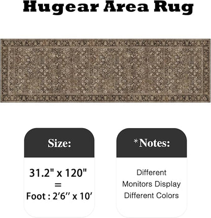 HUGEAR 2'6''x10 Runner Rug Machine Washable Brown Hallway Area Rug Indoor Accent Rug Floral Low Pile Carpet Soft Throw Rug Bedroom Living Room Office Dining Room Kitchen Laundry Room Non Slip