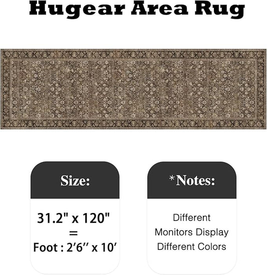 HUGEAR 2'6''x10 Runner Rug Machine Washable Brown Hallway Area Rug Indoor Accent Rug Floral Low Pile Carpet Soft Throw Rug Bedroom Living Room Office Dining Room Kitchen Laundry Room Non Slip