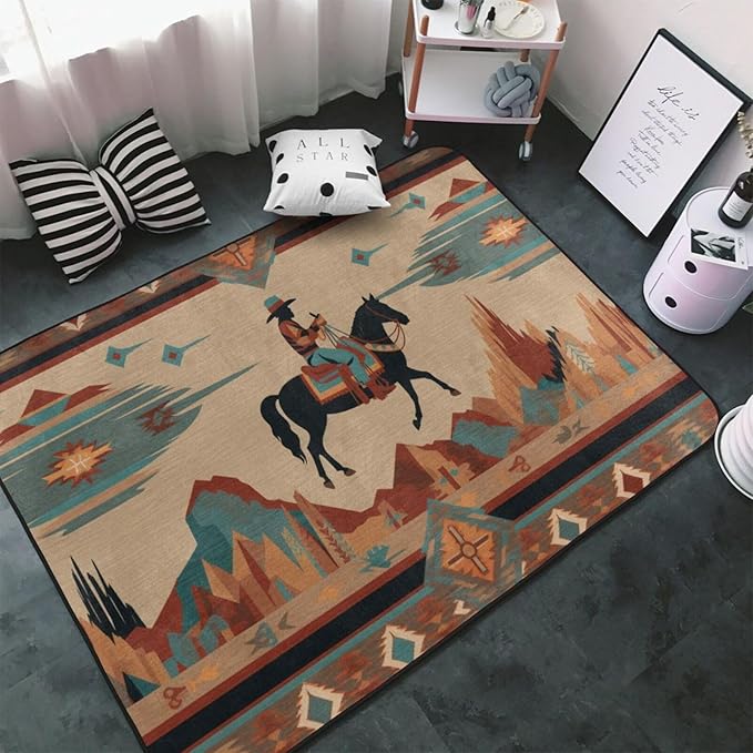 Horse Western Boho Ethnic Style Area Rug Washable Outdoor Rugs Anti-Slip Soft Carpet Entryway Indoor Door Mat for Bedroom,Living Room,Porch,Terrace and Entrance Decor 8'x 5'