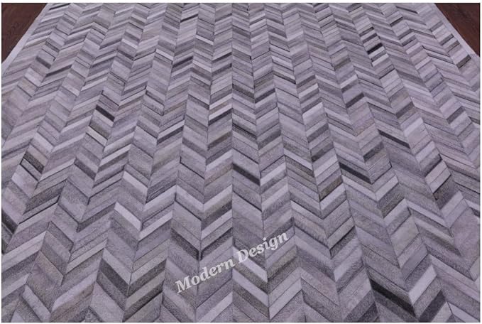 Modern Design Premium Cowhide Leather Carpet with Chevron Pattern, Area Rug (Natural Multi Grey, 9x12)