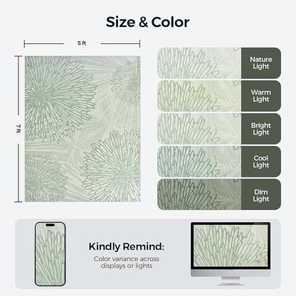 WITSHOCK 5x7 Washable Rug for Living Room,Modern Floral Distress Print Pattern Area Rugs,Stain Resistant with Non Slip Backing Carpet for Dining Room,Bedroom & Home Decor,Green/Light Green