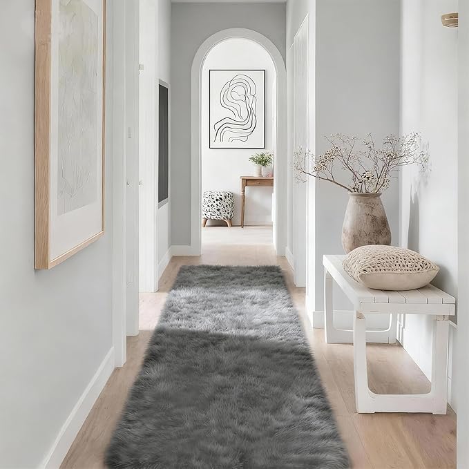 2x6 Solid Fluffy Grey Area Rug – Washable, Durable, Small Bedroom Runner Rug, Non-Slip Shag Rugs for Hallway, Living Room, Bedroom, Bedside, Dorms, Kids Room, Nursery Rooms, Soft Indoor Carpet