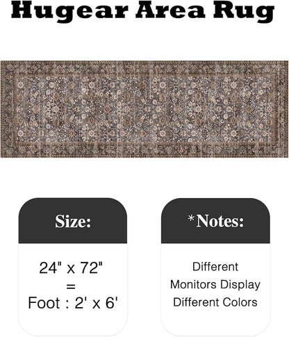 HUGEAR 2x6 Runner Rug Machine Washable Tradition Brown Hallway Area Rugs Indoor Accent Rugs Floral Low Pile Carpet Distressed Throw Rug Bedroom Living Room Office Dining Kitchen Laundry Non Slip