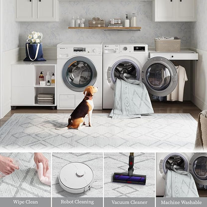 jinchan Moroccan 6x9 Area Rugs for Living Room - Machine Washable Soft Modern Geometric Stain Resistant Ultra-Thin Low-Pile Large Rug Non-Slip Carpet for Bedroom Kitchen Dining Room (6x9ft, Grey)