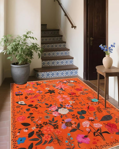 Area Rug 8x10, Washable Large Rugs for Living Room, Non Slip 0.27″ Low Pile Vintage Floral Large Carpet for Bedroom, Living Room, Dining Room, Kids Playroom (Orange)