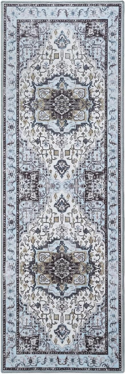Runner Rug 2×6, Machine Washable Non-Slip Vintage Area Rug, Low Pile, Indoor Carpet Printed Floral Rugs for Living Room, Entryway, Kitchen, Bedroom,Blue
