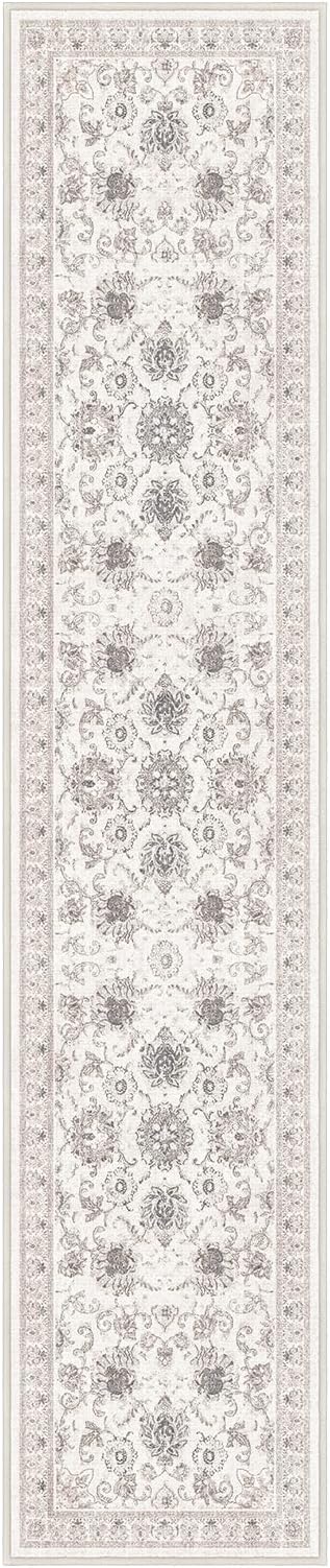 Phantoscope Washable Runner Rug 2'x10' Non-Slip, Vintage Neutral Hallway Rugs for Entryway, Stair, Bedroom, Distressed Boho Floral Medallion Pattern, Low-Pile Foldable Carpet, Cream Beige/Neutral