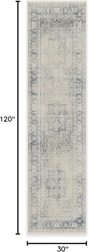 RUGGABLE Washable Vintage Runner Rug – Kamran Blue Quartz 2.5x10, Stain-Resistant, Non-Slip Hallway Runner – Machine Washable Rug for Hallway, Entryway, Living Room & Kitchen–with Cushioned Pad