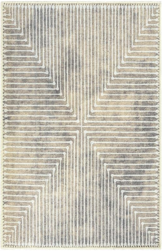 GLN Rugs Contemporary Collection - Machine Washable Area Rug, Contemporary Washable, Non Slip, Low Pile Chenille Rug, Living Room, Bedroom, Kitchen Rug (2' x 3' Lines Cream)