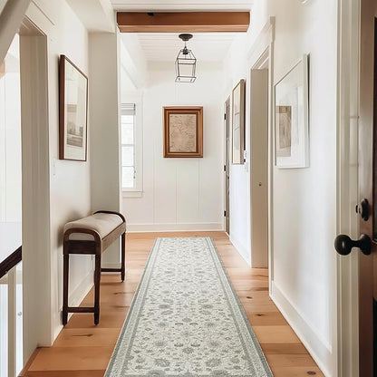 EVERGRACE Hallyway Area Runner Rugs 2x10, Boho Floral Faux Wool Indoor Outdoor Rugs, Washable Rugs for Bedroom Dining Room Living Room Kitchen, Low Pile Floor Mat Carpet for Home Decor, Cool Gray