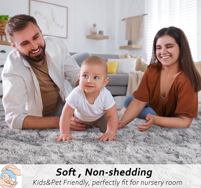 Beglad Fluffy Area Rugs 4x6 Feet, Modern Minimalist Style Shag Rugs, Non-Slip Indoor Carpet Soft Rugs for Bedroom, Living Room & Kids Room, Tie-Dyed Light Grey