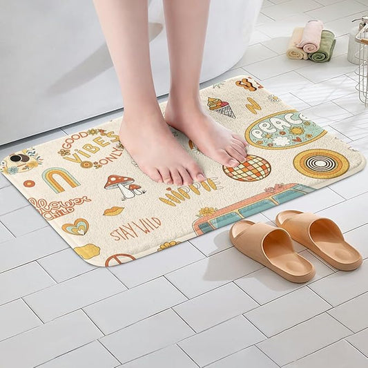 Kids 70s Party Decorations Bath Mat Cute Bus Car Non Slip Bath Rugs for Boys Girls Pastel Rainbow Super Cozy Bathroom Rug 16x24 Hippie Mushroom Bathroom Accessories 60s Retro Disco Rug Groovy Decor