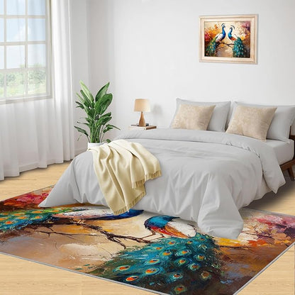 Peacock Rug 6x9-6x9 Rug, Classic Peafowl Floral Area Rugs for Bedroom, Peacock Couples Rugs for Living Room, Oil Painting Art Washable Mat, Aesthetics Carpet - Peafowl Home Decor & Gifts