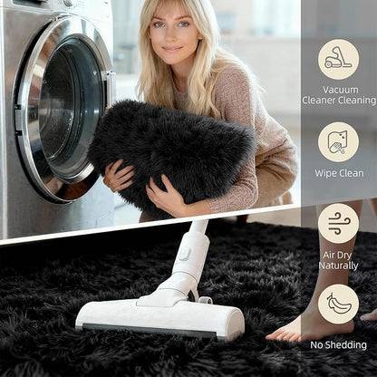 5x7 Solid Fluffy Black Area Rug – Washable, Durable,Large Living Room Rug, Non-Slip High Pile Shag Rugs for Bedroom, Bedside, Dorms, Nursery Rooms, Kids Room, Soft Indoor Floor Carpet Decor
