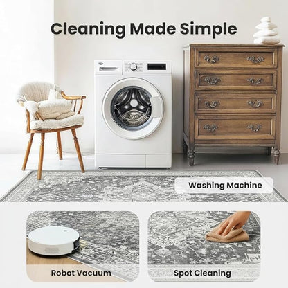 Marsail 8x10 Machine Washable Area Rug,Soft & Slip-Resistant, Vintage Floral Short-Pile with Reinforced Bound Edges, Large Rug for Living Room, Dining Room, Bedroom,Light Grey