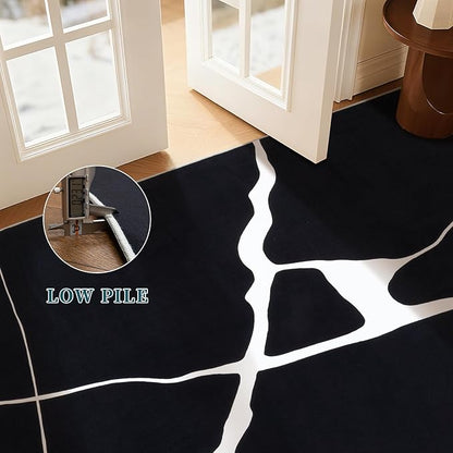 YIHOUSE Abstract Washable Rug 5x7,Ultra Thin Non Slip Black Rugs for Living Room,Modern Minimalist White Stripe Rugs for Bedroom,Dining Room Office Playroom (5'x7',Black-1)