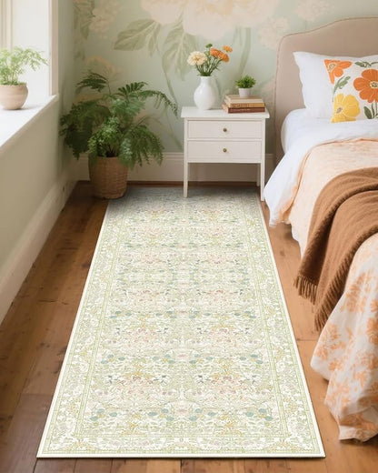 Lunasun Sage Green Long Bedroom Bedside Runner Rugs, 2x6 Non Slip Boho Floral Throw Rug for Kitchen, Hallway, Indoor Entrance, Foyer, Bathroom - Farmhouse Thin Front Door Low Pile Mat