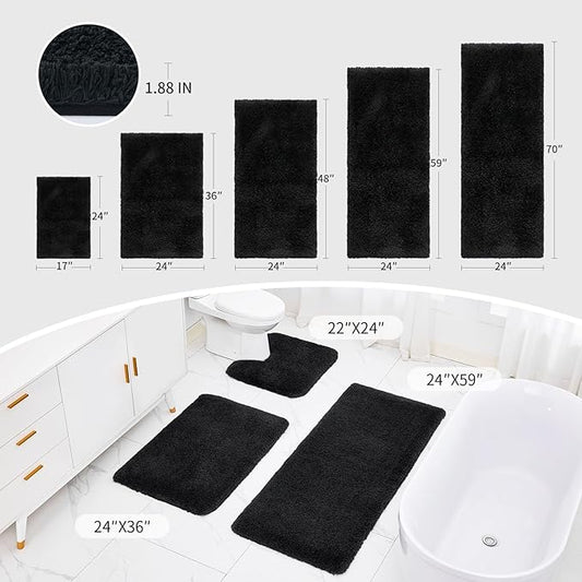 Bathroom Rug 24x48 Non Slip Fluffy Bath Mat for Bathroom Floor Washable Plush Luxury Bath Rug for Tub Soft Shower Mat, Black
