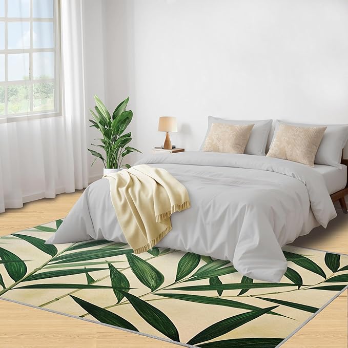 6x9 Bamboo Leaves Living Room Rug - Realistic Botanical Art Bedroom Carpet, Minimalist Leaves Classroom Rug for Carpet Boy Bedroom Office Nursery Hardwood Home Decor