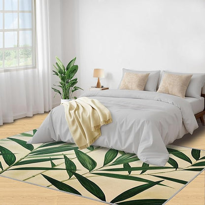 3x5 Bamboo Leaves Dorm Rug - Realistic Botanical Art Small Rugs for Bedroom, Minimalist Leaves Area Rug Washable Non Slip for Bedroom Kitchen Living Room Entryway