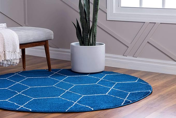 Unique Loom Trellis Frieze Collection Area Rug - Geometric (4' 1" Round, Navy Blue/ Ivory)