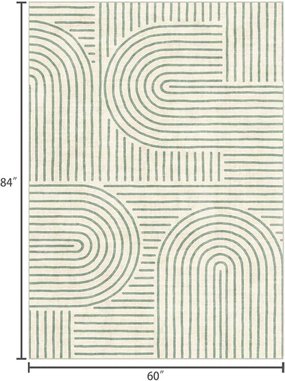 Washable Area Rug 5x7 - Boho Living Room Rug Soft Indoor Carpet Ultra-Thin Sage Green Modern Abstract Rainbow Rugs for Bedroom Dining Room Nursery Classroom Home Decor