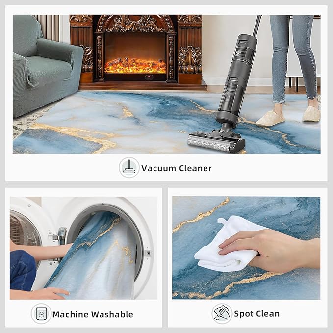 3x6 Abstract Marble Bedroom Rug Under Bed - Blue-White-Marble Kids Room Rugs, Luxury Stone Pattern Bedroom Runner Rug Soft Washable for Living Room Kitchen