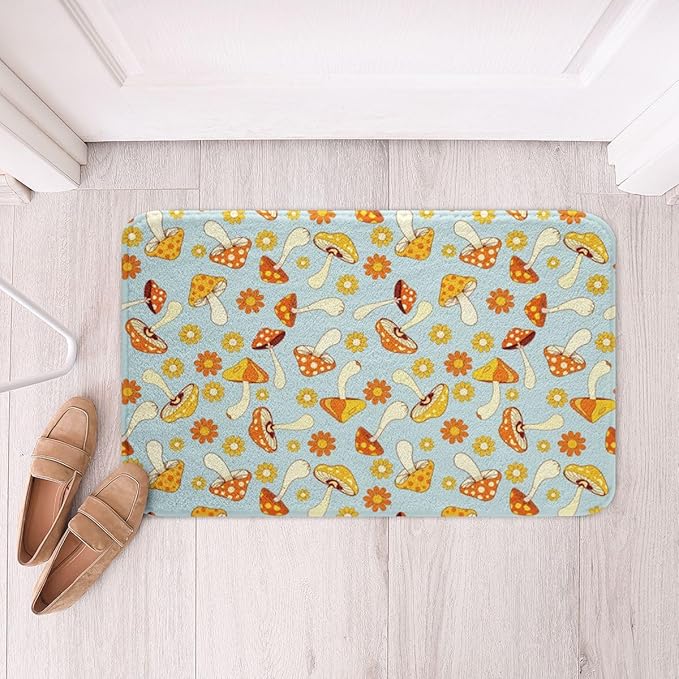 Erosebridal Hippie Mushroom Bath Mat Kids Cute Groovy Floral Non Slip Bath Rugs Boho Retro 70s Theme Decor Super Cozy Bathroom Rug 16x24 Bohemian Kawaii Bathroom Accessories Girls Flower Bedroom Rug
