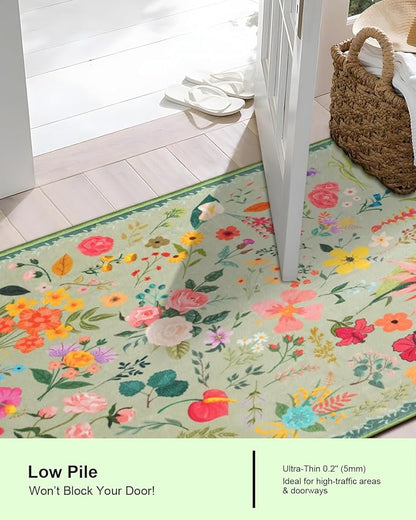 Boho Floral Entryway Rug 2x3, Washable Small Mat for Bathroom and Kitchen, Non Slip Front Door Mat Indoor Entrance, Vintage Style Flower Mat with Rubber Backing, Soft Area Rug for Entry Way (Green)