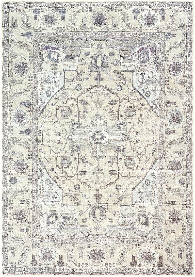 GLN Rugs Traditional Collection - Machine Washable Area Rug, Traditional Washable, Non Slip, Low Pile Chenille Rug, Living Room, Bedroom, Kitchen Rug (5' x 7' Cream/Gray)