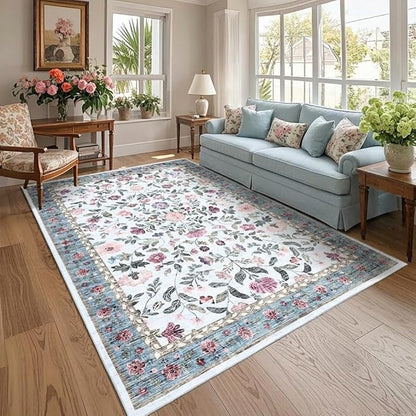 8x10 Washable Floral Distressed Rug, Vintage Farmhouse Area Rug for Living Room, Non-Slip Low Pile Soft Carpet for Nursery Bedroom Dining Room Home Office, Light Blue