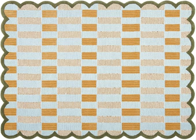 Hand-Tufted Wool Rug with Scalloped Edges, Light Blue Plaid Pattern, Cozy Soft Area Rug for Living Room, Bedroom, and Nursery, Handmade Modern Accent Rug, 9x13 Ft