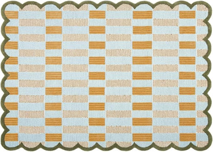 Hand-Tufted Wool Rug with Scalloped Edges, Light Blue Plaid Pattern, Cozy Soft Area Rug for Living Room, Bedroom, and Nursery, Handmade Modern Accent Rug, 7x10 Ft