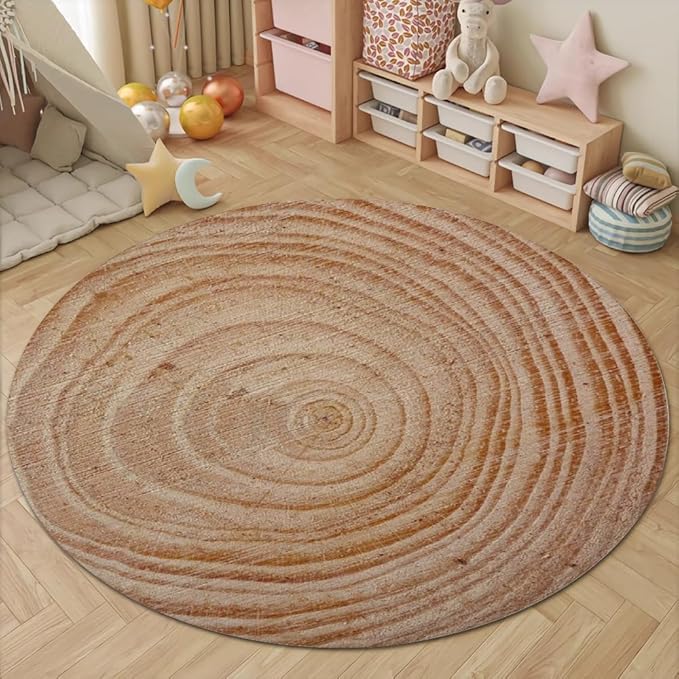 Tree Stump Growth Rings Washable Round Rugs Wood Color Texture Circle Rugs for Living Room Entryway Round Area Rug Soft Non Slip Nursery Carpet for Bedroom Dining Coffee Table 7ft