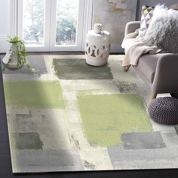 Sage Green Rectangular Area Rugs for Living Room Bedroom 3 x 5 ft Abstract Paint Texture Modern Art Non-Shedding Soft Low Pile Rug Non Slip Washable Rug for Nursery Entryway Playroom