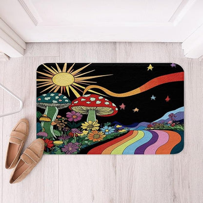 Erosebridal Trippy Mushroom Rugs Groovy Floral Fluffy Rugs Rainbow Striped Indoor Entry Rug 16x24 Hippie Boho Eye Non Slip Bathroom Carpet Starry Night Floor Mats 70s Theme Decor
