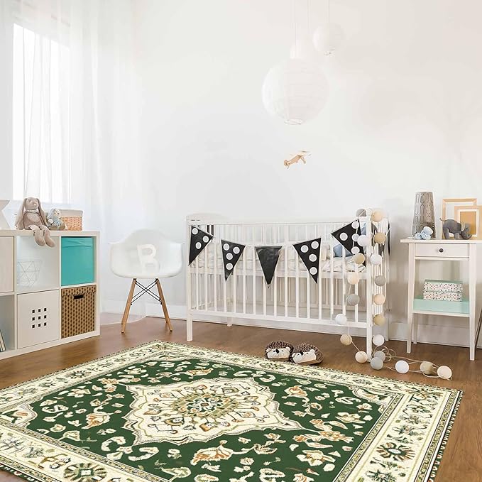 Green Bohemian Rectangular Area Rugs for Living Room Bedroom 5 x 8 ft Vintage Farmhouse Floral Pattern Non-Shedding Soft Low Pile Rug Non Slip Washable Rug for Nursery Entryway Playroom