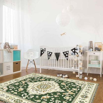 Green Bohemian Rectangular Area Rugs for Living Room Bedroom 3 x 5 ft Vintage Farmhouse Floral Pattern Non-Shedding Soft Low Pile Rug Non Slip Washable Rug for Nursery Entryway Playroom