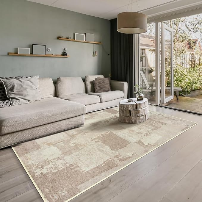 GLN Rugs Contemporary Collection - Machine Washable Area Rug, Contemporary Washable, Non Slip, Low Pile Chenille Rug, Living Room, Bedroom, Kitchen Rug (5' x 7' Abstract Tan)